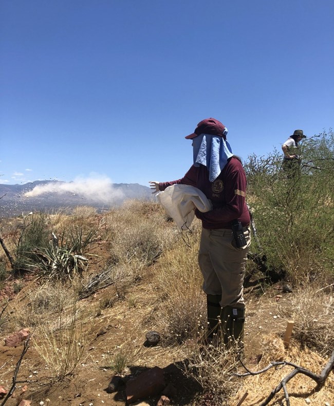 Intern in outdoor gear throwing sand onto dessert landscape. Another person is pictured in the far right