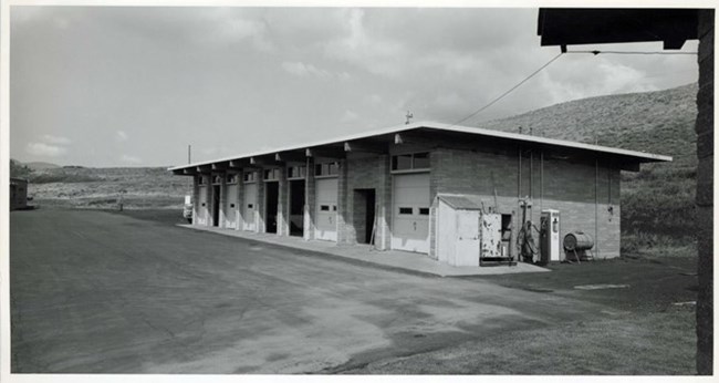 stone garage bays in black and white