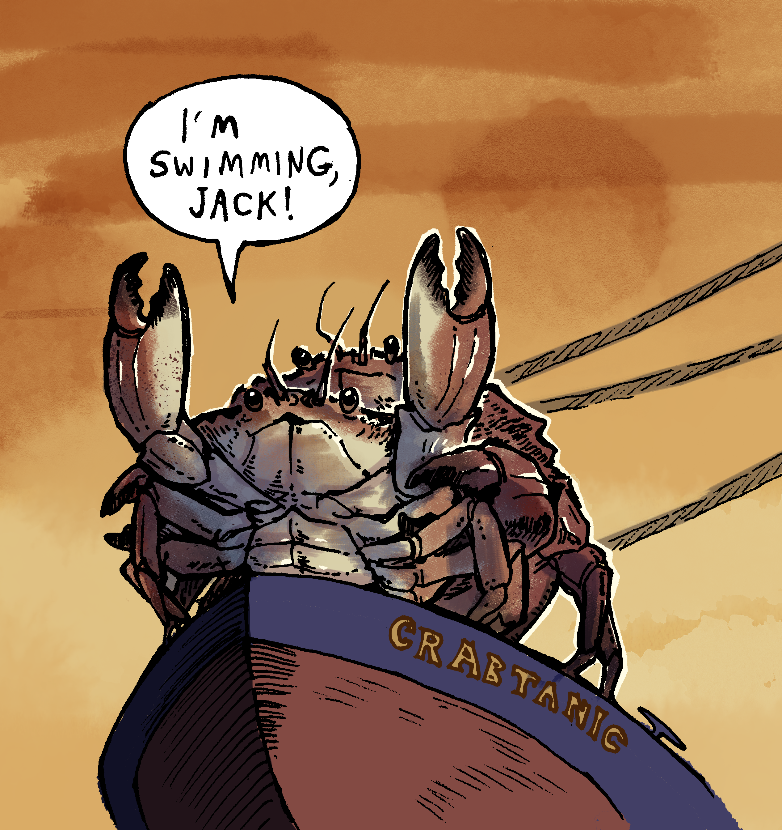 Two crabs embrace at the bow of a ship titled "Crabtanic."
