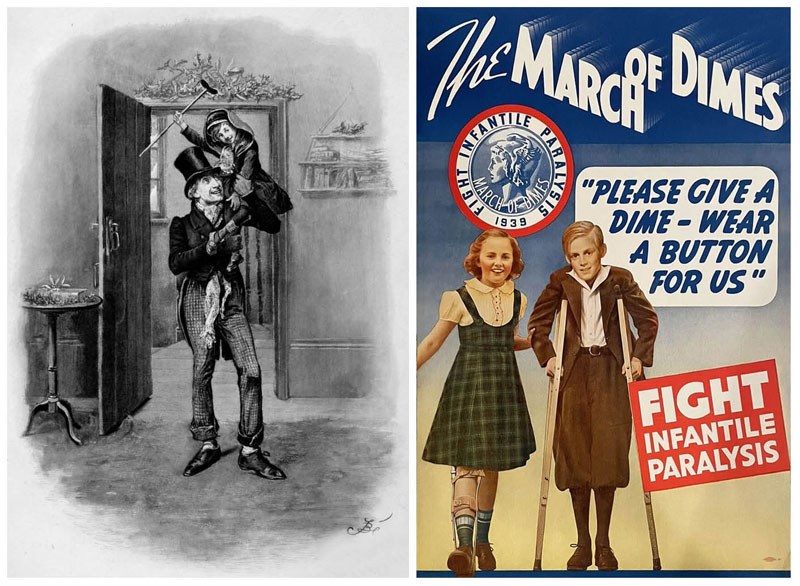 Frederick Barnard’s (1846-1896) illustration of Bob Cratchit and Tiny Tim (left). 1939 March of Dimes Poster (right).