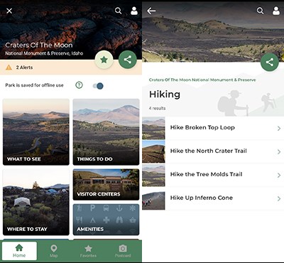 Screenshots of the official NPS App.