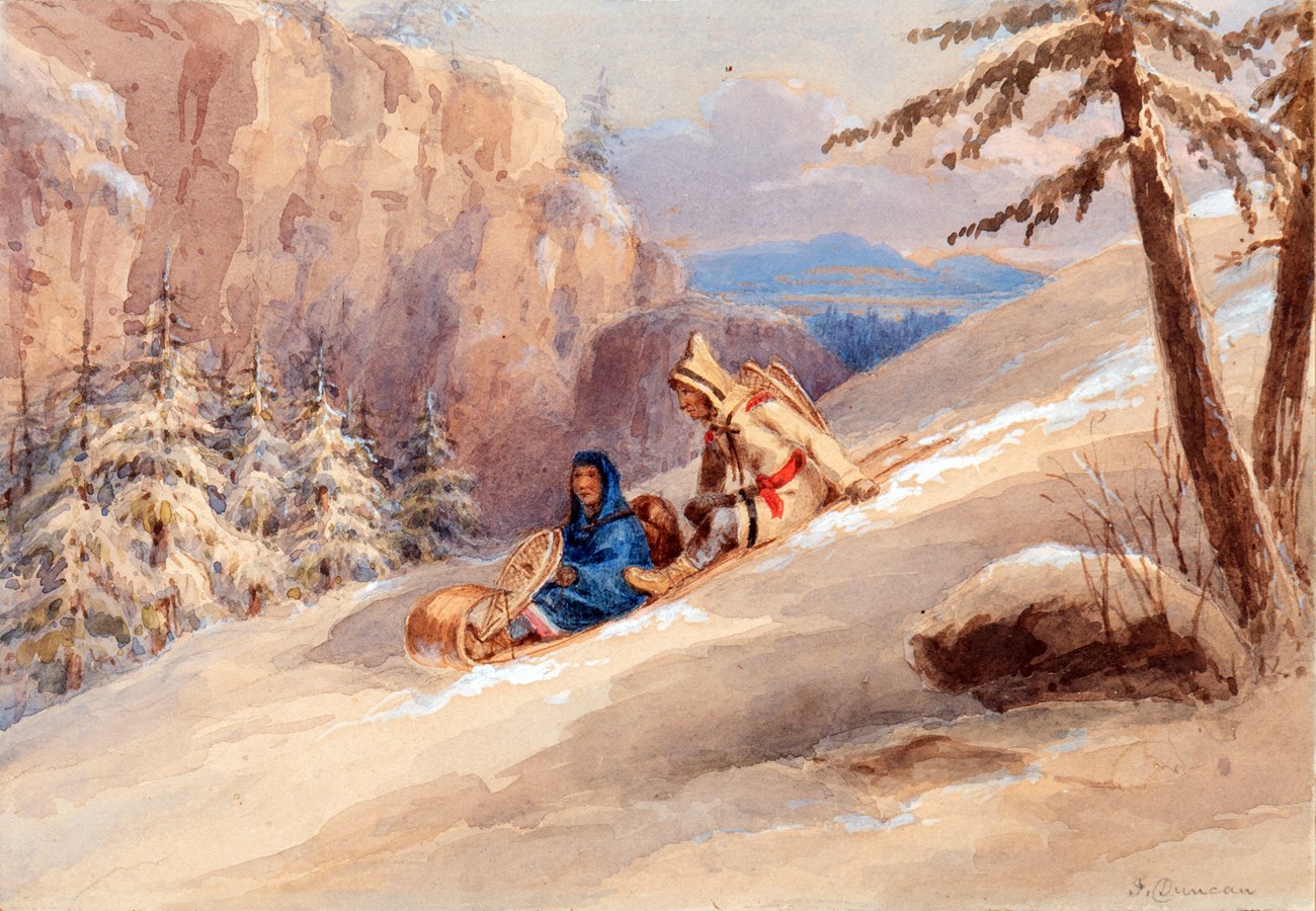 A painting of two people in historic clothing, riding a toboggan down a snow-covered hill.