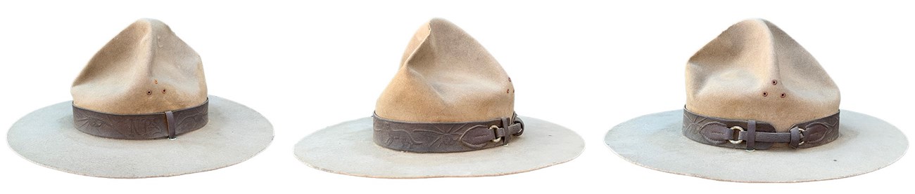 three views of the same ranger hat with leather hatband