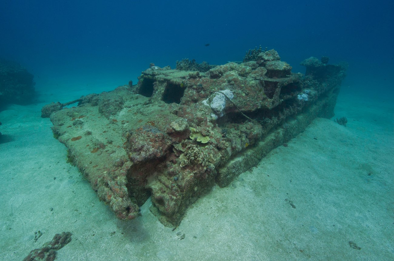 This Amtrac amphibious tractor is submerged beneath about 50 feet of water within the Agat Unit of War in the Pacific National Historical Park and is one of few currently known underwater relics from the battle.
