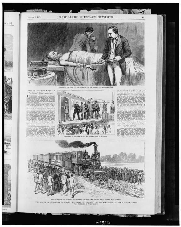 magazine drawings showing the embalming of the president and then being carried to the train bound for Washington D.C.