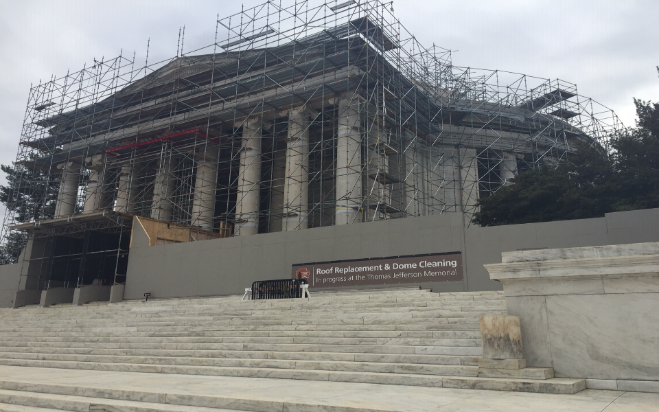 The Thomas Jefferson Memorial dome with scaffolding.