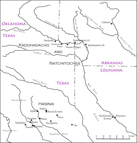 A map of Oklahoma, Texas, Arkansas, and Louisiana, depicting the locations of American Indian homelands.