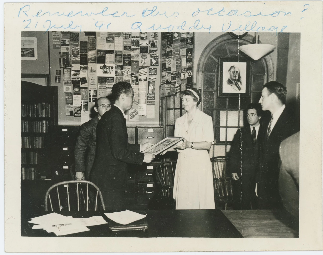 Cecil Peterson and Eleanor Roosevelt’s first meeting; Quoddy Village, July 21, 1941 Cecil Peterson and Eleanor Roosevelt’s first meeting. Eleanor is handing Cecil a picture frame.