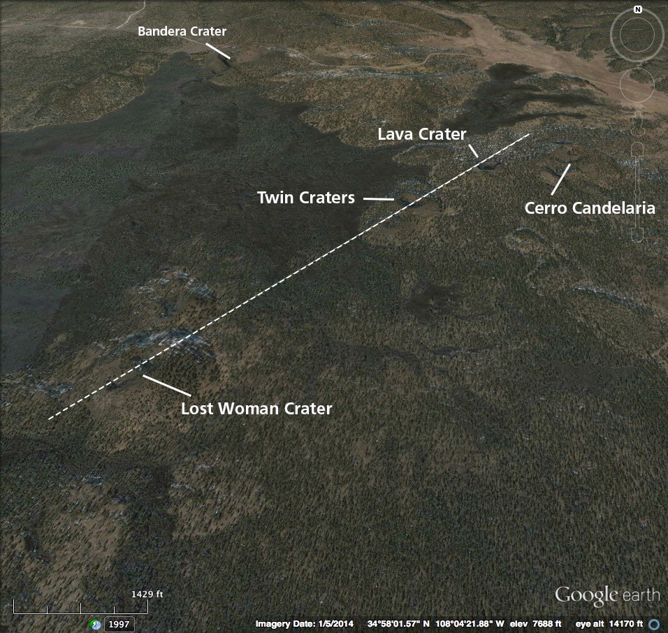 twincraters1 aerial photo of a lava field with labeled features Lost Woman Crater, Twin Craters, Lava Crater, and Cerro Candelaria along a dotted line slanting from lower left to upper right