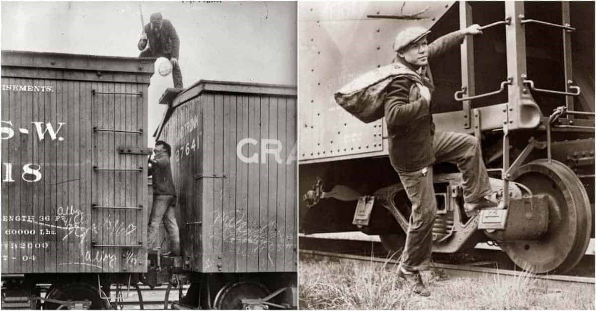 Two black and white images show a man standing between two train cars, with someone above in pursuit. Second image shows a man jumping on a train.