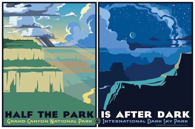 Half the Park is After Dark A graphic showing the Grand Canyon split between night and day