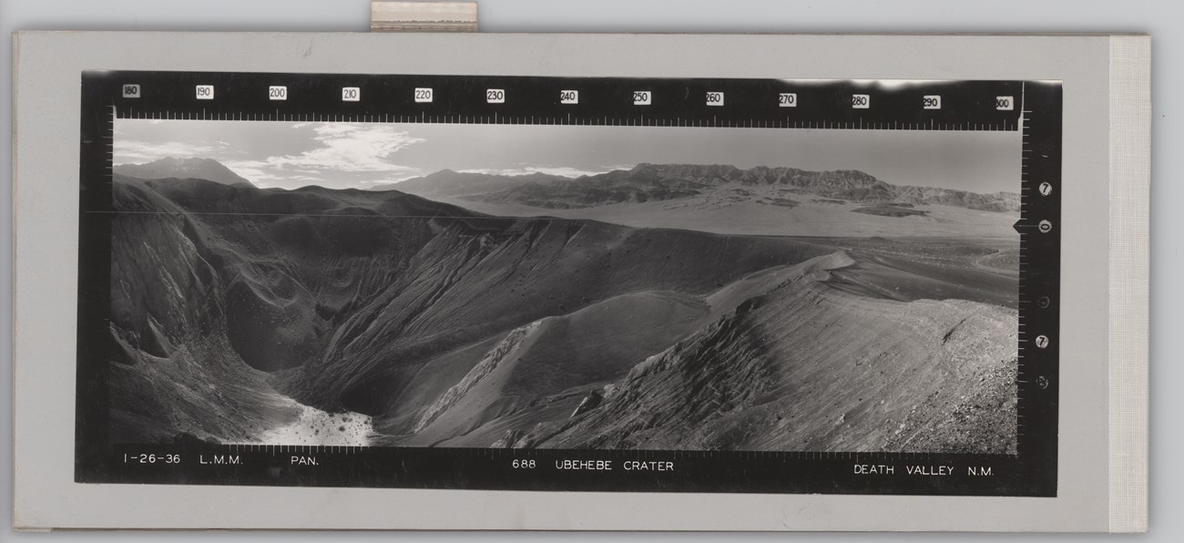 Ubehebe Crater, Death Valley Panoramic photograph of a deep barren crater