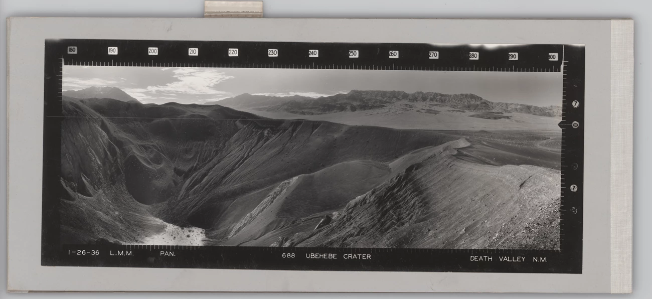 Ubehebe Crater, Death Valley Panoramic photograph of a deep barren crater