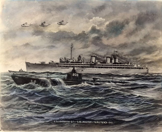 Painting of three ships (including a submarine) at sea, with planes in the sky above.