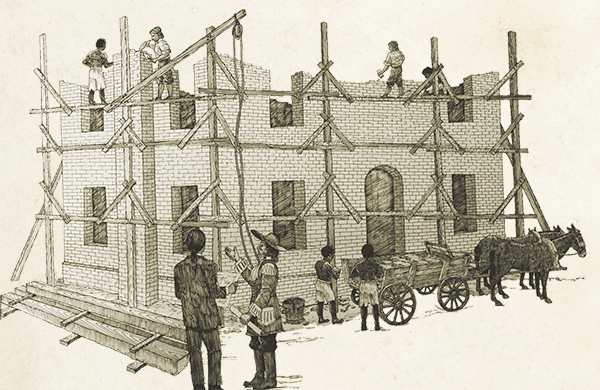 Illustration of the Vann House being built in Indian Territory with slave labor.