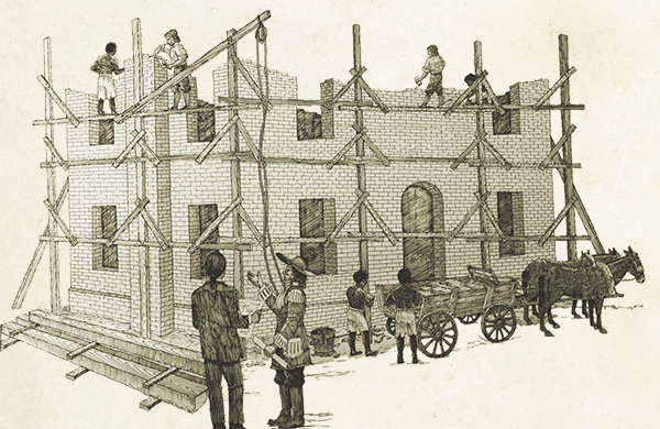 Depiction of building the Vann Home replica, completed in 1839. Illustration of the Vann House being built in Indian Territory with slave labor.