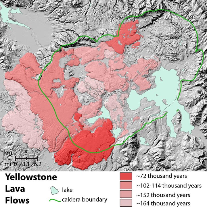 map of yellowstone showing mountainous relief and the location of lava flow deposits
