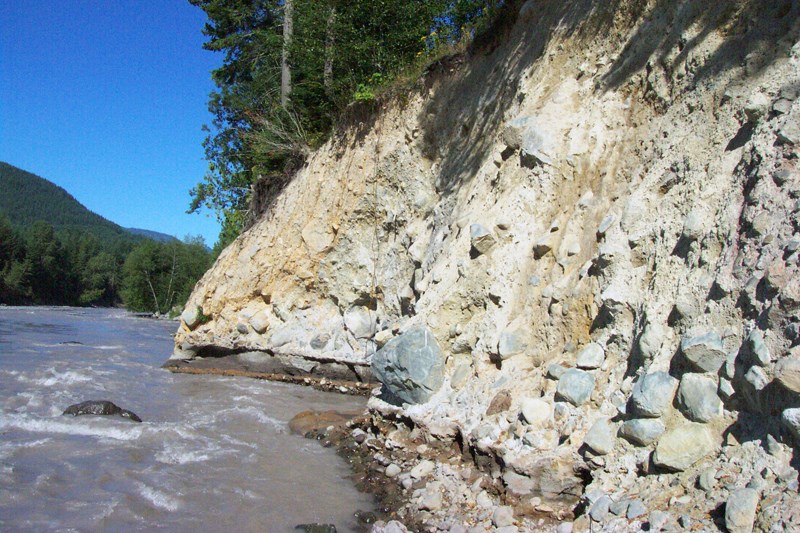 edge of a river and an eroded bank with large cobbles exposed