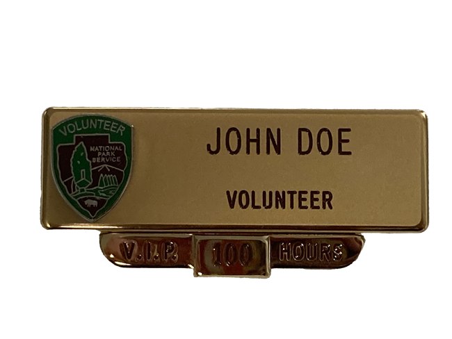 VIP name bar Volunteer badge "John Doe" with recognition for 100 hours below