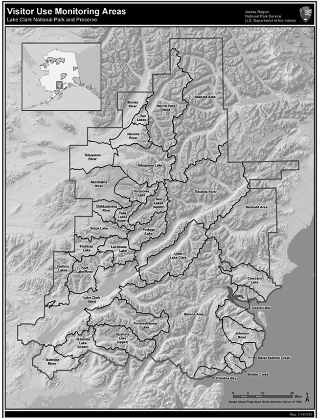 visitor use montioring lacl_web A map of Lake Clark National Park and boundaries of the visitor use management areas.