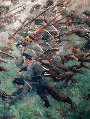 vmi-cadets-battle-new-market painting showing young school age men fighting a Civil War battle in Virginia