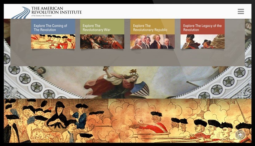 voices-of-the-revolution-exhibit A simulated computer screen depicts a series of detail images from paintings. Across the top are four screen buttons in blue, olive green, yellow ochre, and brick red that also include small details of paintings depicting men in military and civilian dres
