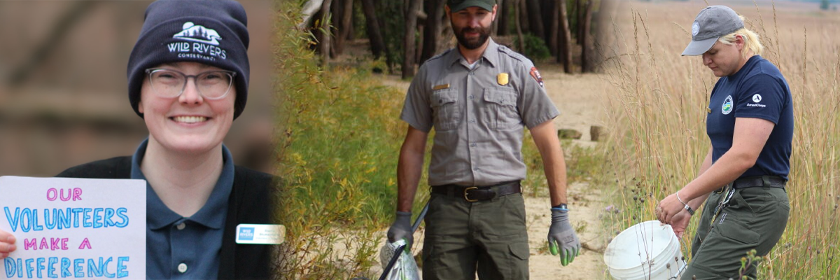 The Volunteer Lead Team A photograph of the volunteer lead team, from left to right: Wild River Conservancy Volunteer Coordinator Sierra Stukenholtz, National Park Service Park Ranger Michael Raymonds, and Community Volunteer Ambassador Ryan Engelgau.