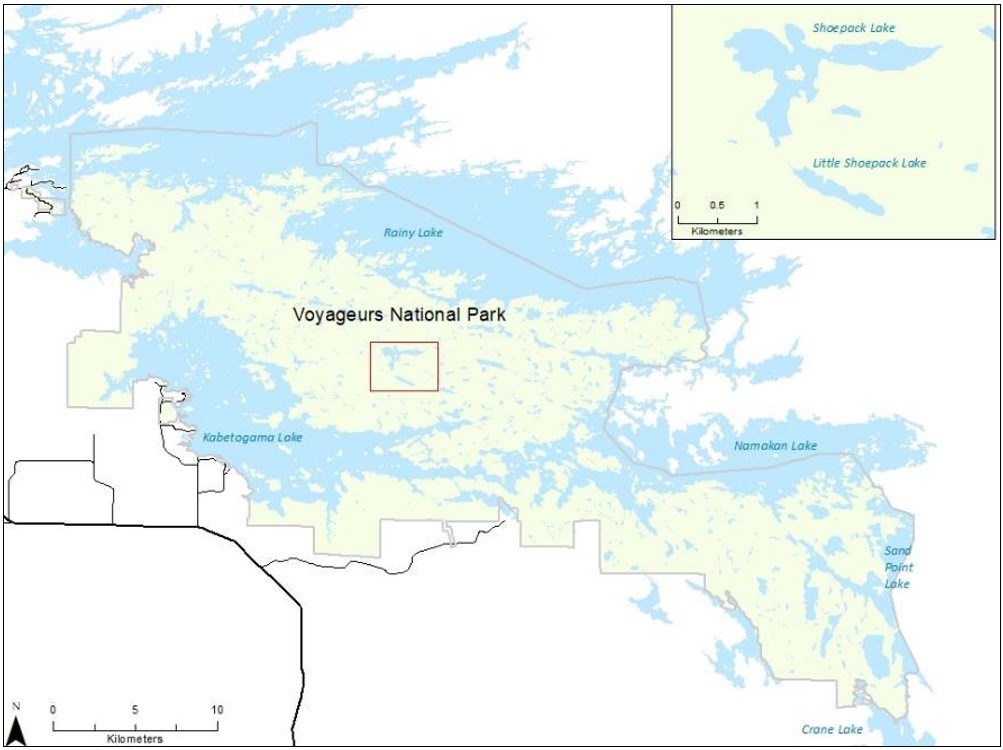 Map of Voyageurs National Park showing the occurrence of lakes/water within the park, including an inset that shows the locations of Shoepack and Little Shoepack lakes (in the park’s center). Map of Voyageurs National Park showing the occurrence of lakes/water within the park, including an inset that shows the locations of Shoepack and Little Shoepack lakes (in the park’s center).