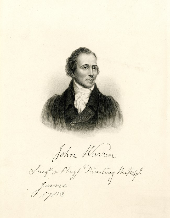 Portrait of a man on wearing a coat. The portrait is on parchment and underneath he is identified as John Warren.