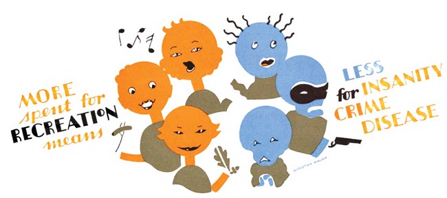 More Spent on Recreation drawing Drawing of three orange happy orange people and three unhappy blue people