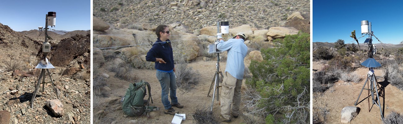 two weather monitoring stations and two people working on a weather monitoring station