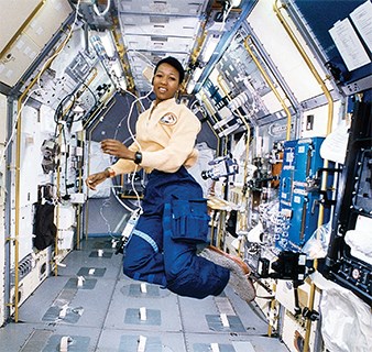 web Dr. Mae Jemison NASA Marshall Space Flight Center Woman in NASA uniform floats aboard the space shuttle Endeavour.