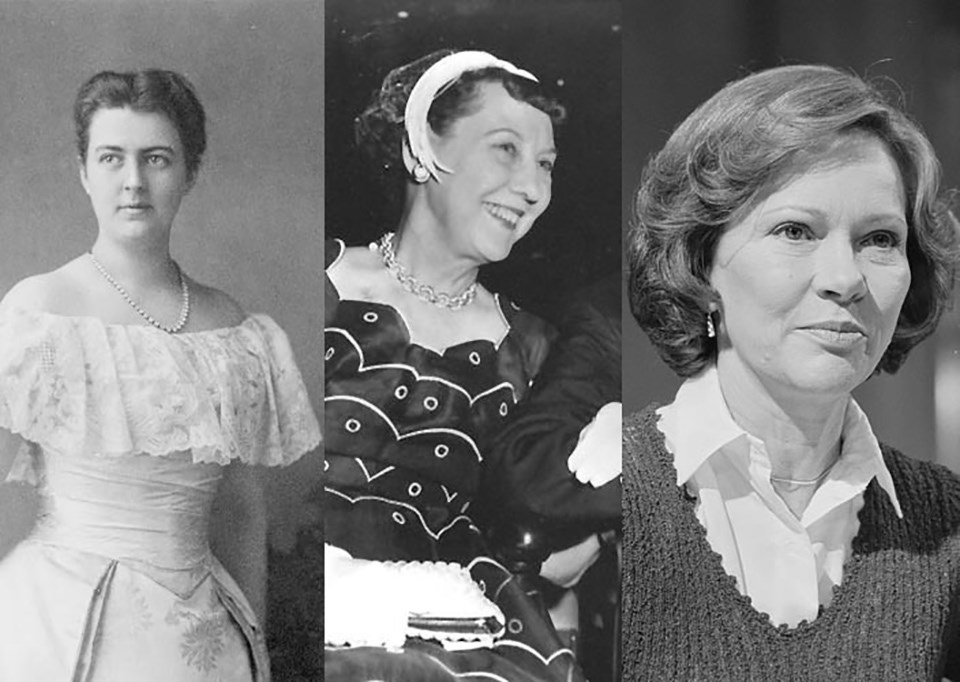 black and white images of Frances Cleveland, Mamie Eisenhower and Rosalynn Carter