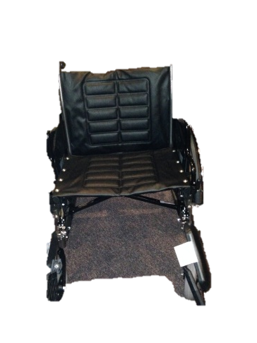 a wheelchair with blue cushions