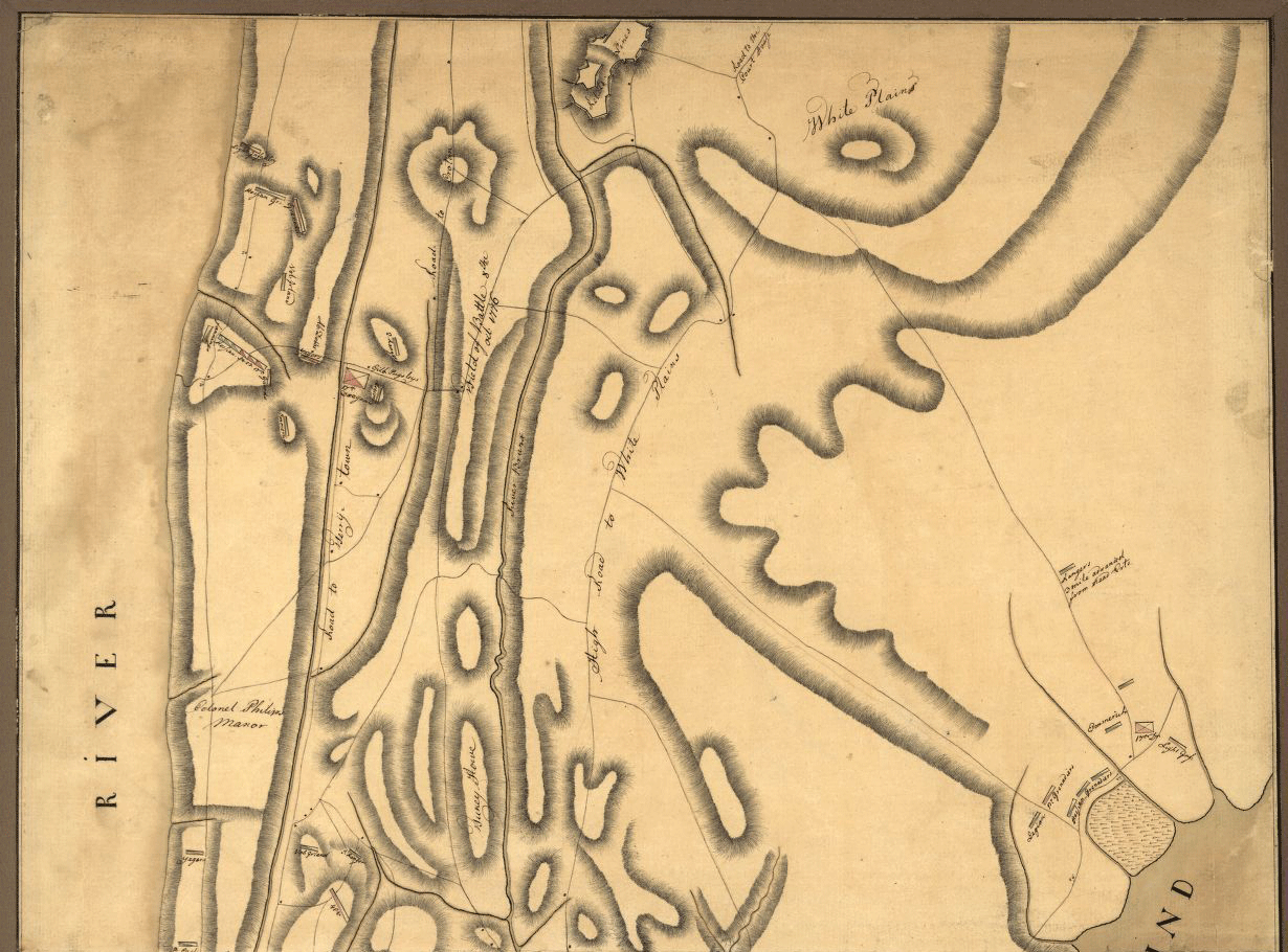 sketched map showing road to white plains on right and hudson river on the left