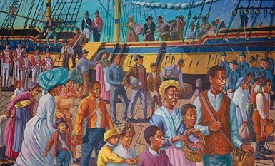 Freedom Halifax 1814 by Richard Rudnicki Painting of black men and women leaving boat to step into Nova Scotia, Canada