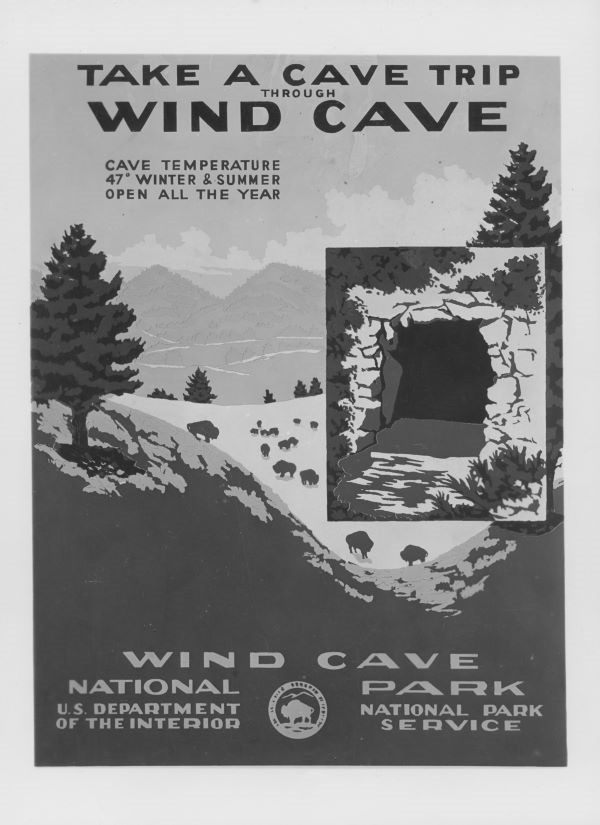 Black and white photo of a Wind Cave poster