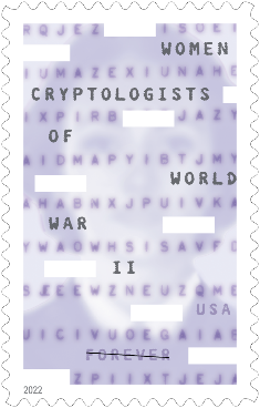 Stamp designed by art director and designer Antonio Alcalá Purple stamp with white outline. There are words scattered across the stamp. Some read "women cryptologists of world world II. USA." Another word is forever but it is crossed out.