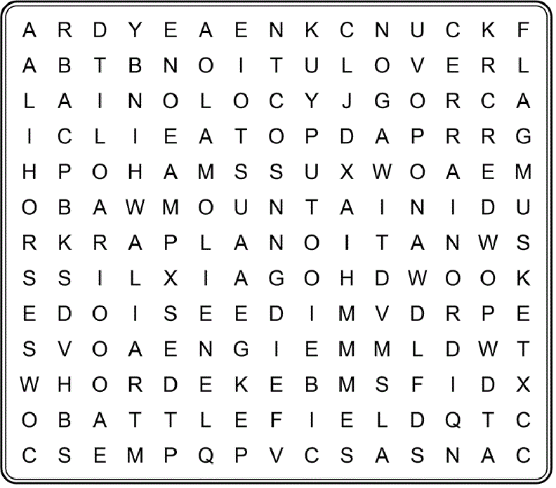 SOCA Wordsearch A grid of letters 15x13 has hidden words in it.
