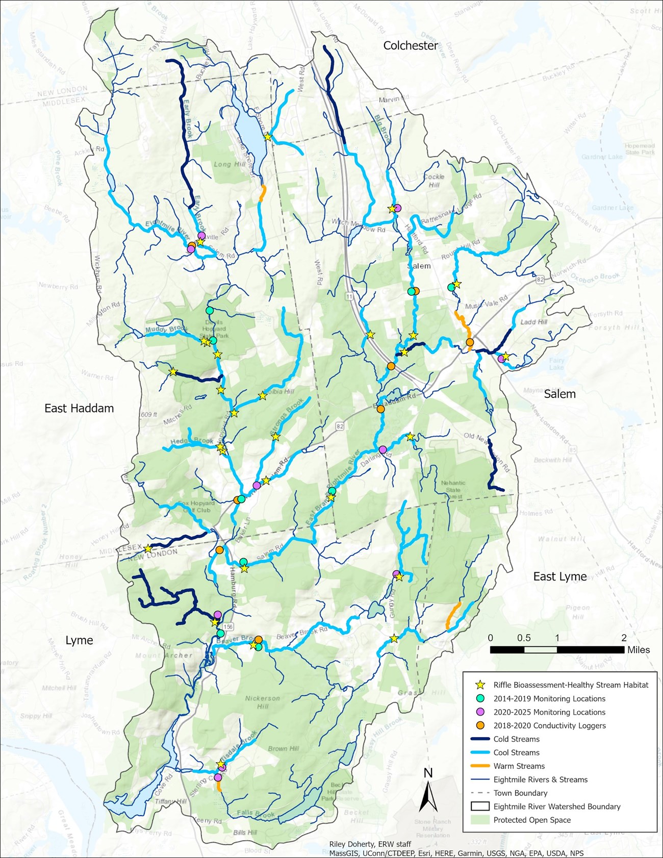 Water quality monitoring map provided by the Eightmile River Wild and Scenic Coordinating Committee. Water quality monitoring map provided by the Eightmile River Wild and Scenic Coordinating Committee.