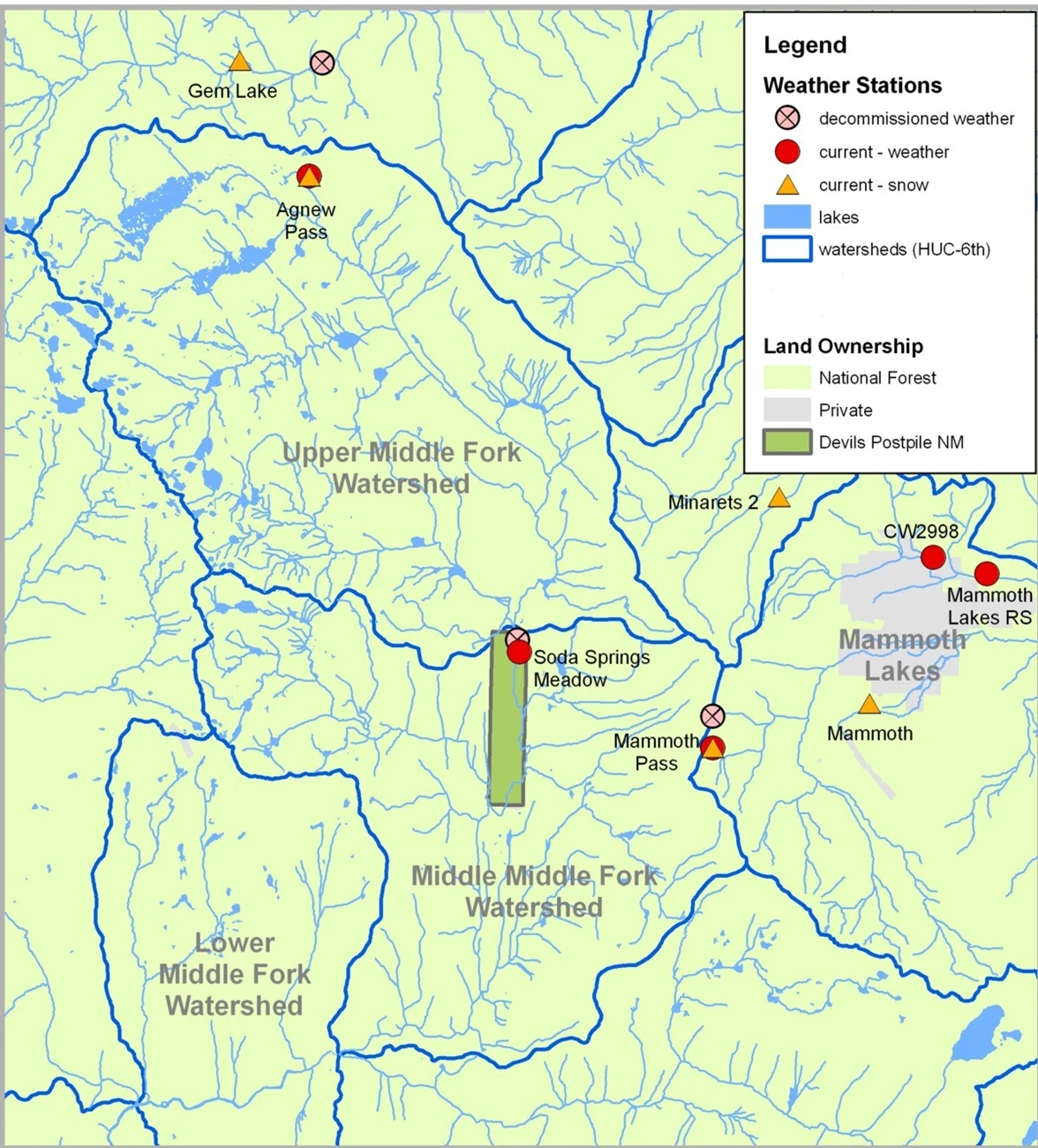 Map of weather stations that are in or near Devils Postpile National Monument Map shows Devils Postpile National Monument, the Middle Fork of the San Joaquin River watershed, and weather stations marked as current weather, snow, or decommissioned stations.