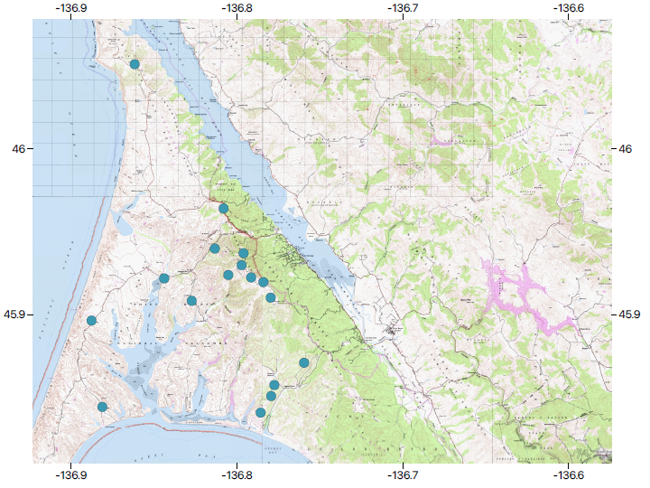 Map of Point Reyes sampling sites Map with blue dots marking locations where fungal samples were collected for study at Point Reyes.
