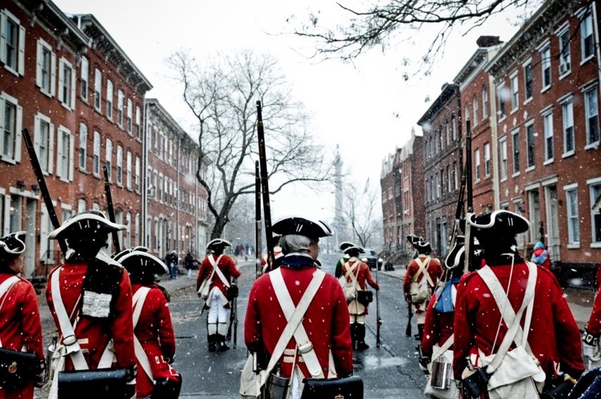 Crossroads of the Revolution NHA About a dozen troops in Redcoat uniforms in formation holding muskets upward. They stand on paved road with light snow falling. Brick rowhouses with white trim and bare trees line both sides of the road. In center background, a large columnar monument.