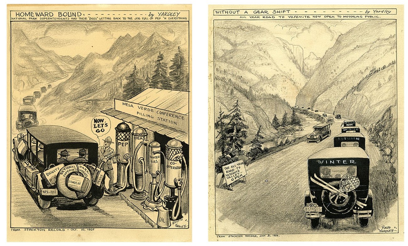 Two cartoons, one featuring employees leaving 1925 park conference and the other the year round road at Yosemite.