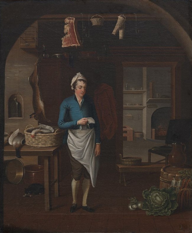 Kitchen Scene, 1771 by John Atkinson two large pots, one of which is made of copper and features a large bail handle, several pieces of redware and stoneware, and a large spoon,