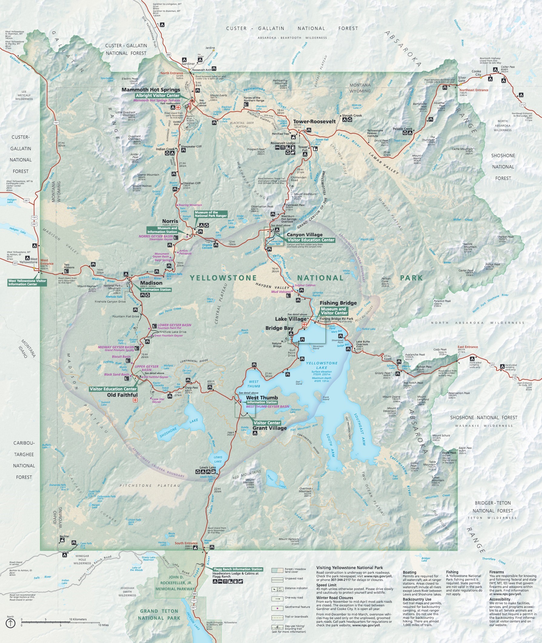 Lake Wyoming Montana Idaho Map Postcard Yellowstone National Park Roads etc 