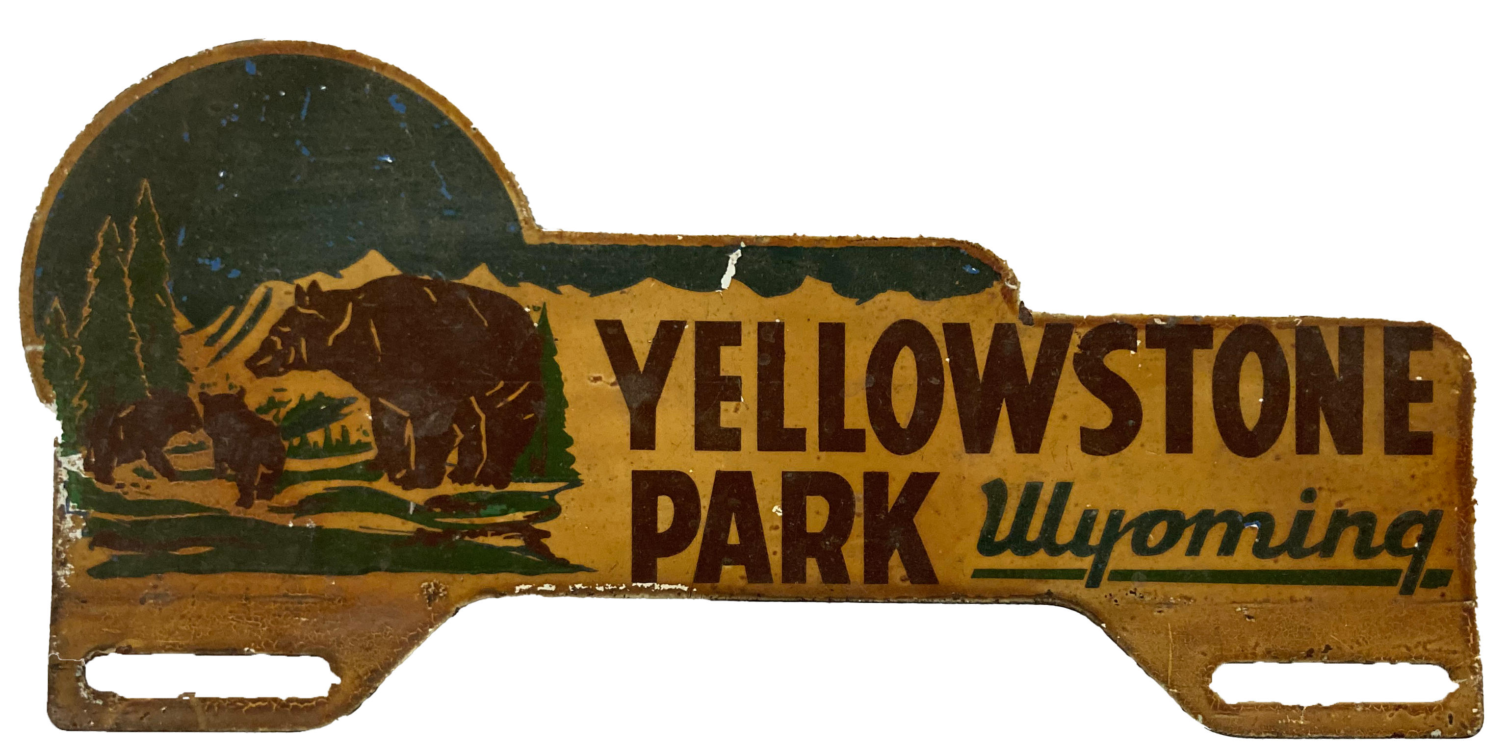 Yellowstone topper metal plate painted with bear scene and Yellowstone Park