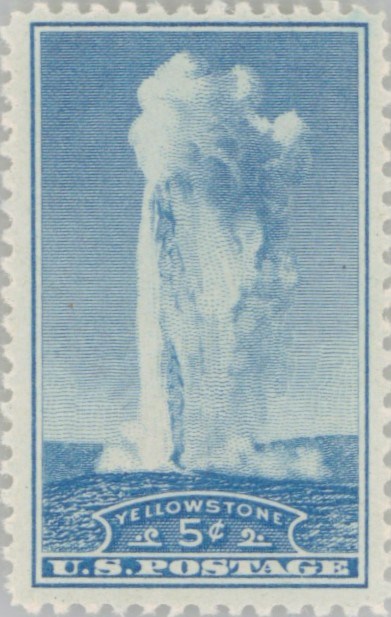 Blue stamp featuring Old Faithful gyser