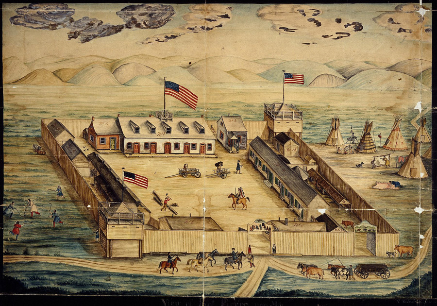 Watercolor painting of a fort with American flags, buildings, men, weapons, and horses.