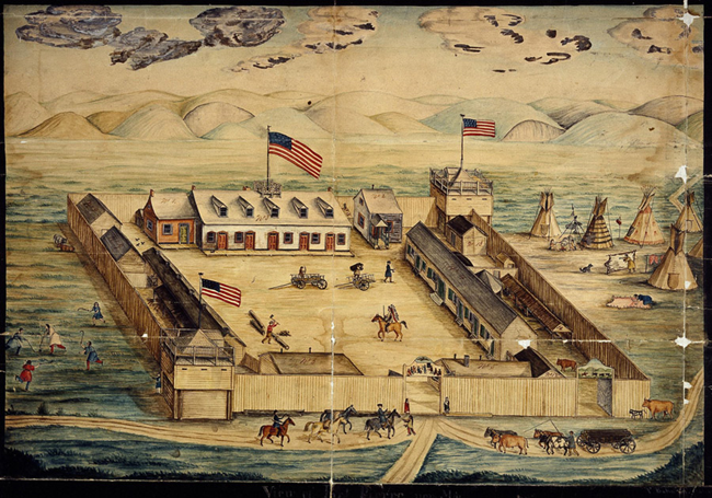 "View of Fort Pierre" Watercolor painting of a fort with American flags, buildings, men, weapons, and horses.